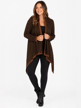 Fashion Avenue Women’s Open Front Handkerchief Hemline Cardigan in Tan Sz M
